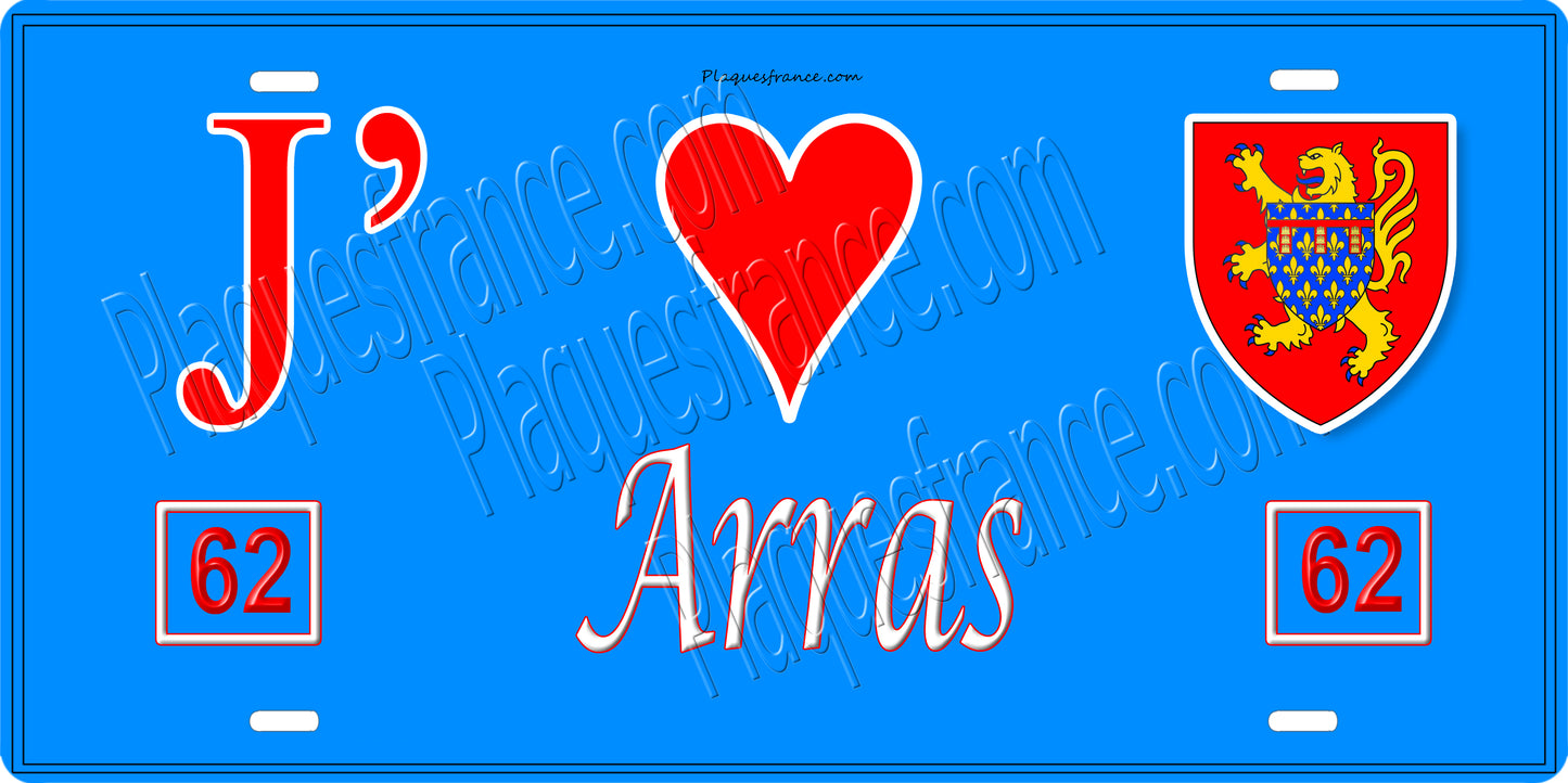 Plaque métal décorative,J' ❤️ Arras, Pas de Calais, fond bleu 62