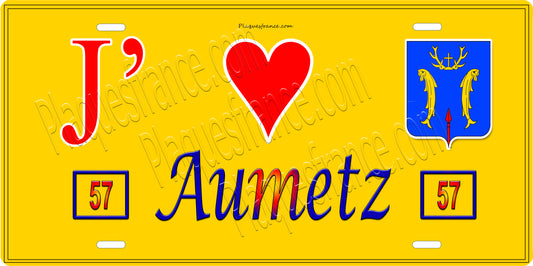 Plaque métal décorative 15 x 30 cm fond jaune J' ❤️ Aumetz Canton de Algrange Moselle 57