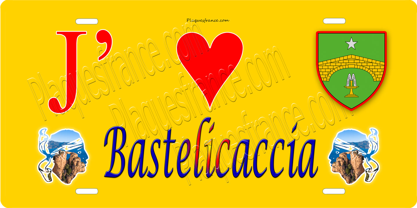 Plaque métal décorative 15 x 30 cm jaune J' ❤️ Bastelicaccia canton d' Ajaccio  Corse du Sud