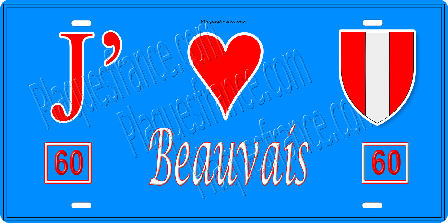 Plaque métal décorative  J' ❤️ Beauvais, Oise fond bleu 60