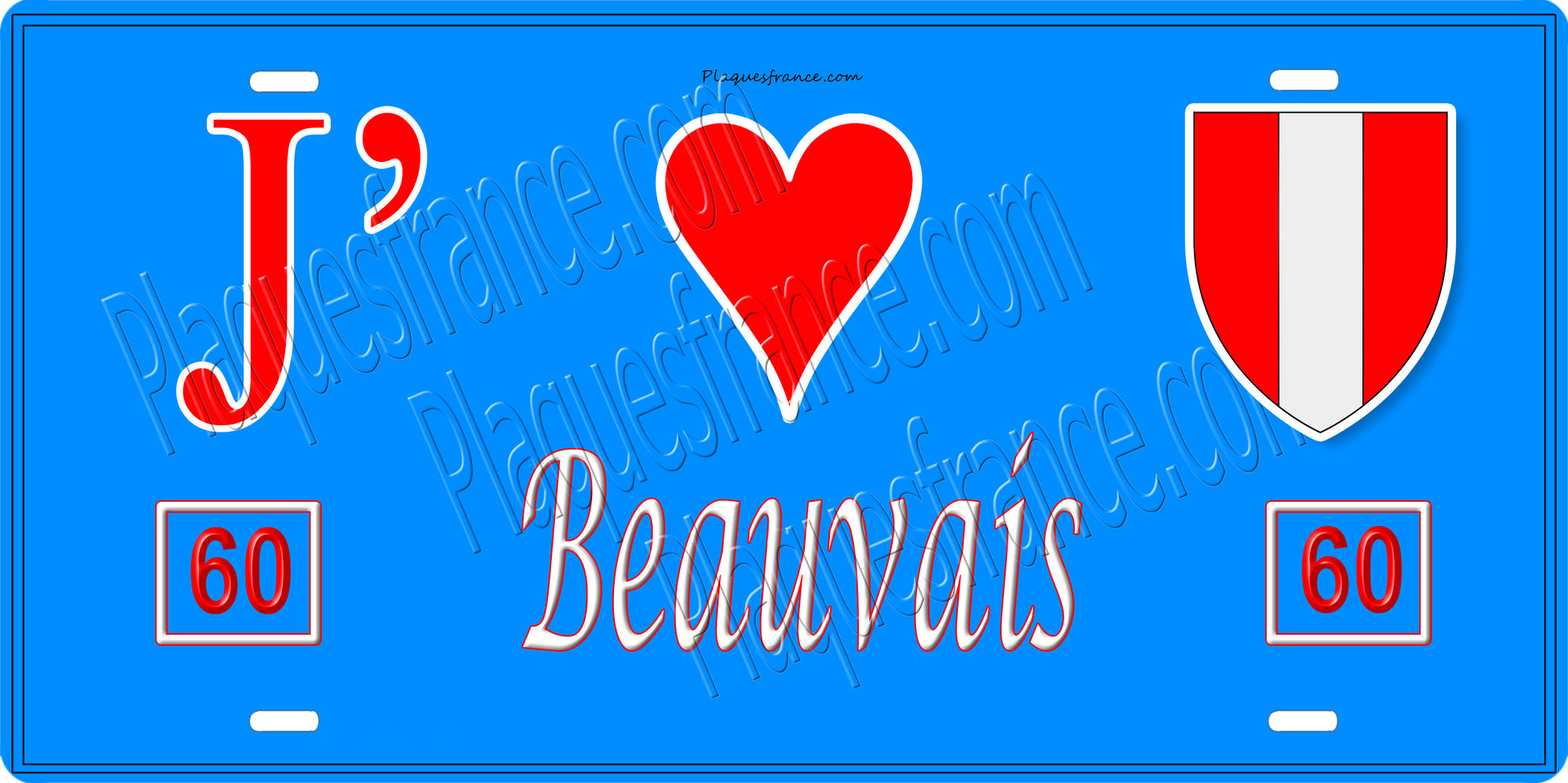 Plaque métal décorative  J' ❤️ Beauvais, Oise fond bleu 60