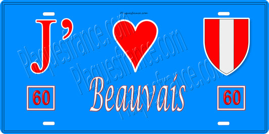 Plaque métal décorative  J' ❤️ Beauvais, Oise fond bleu 60