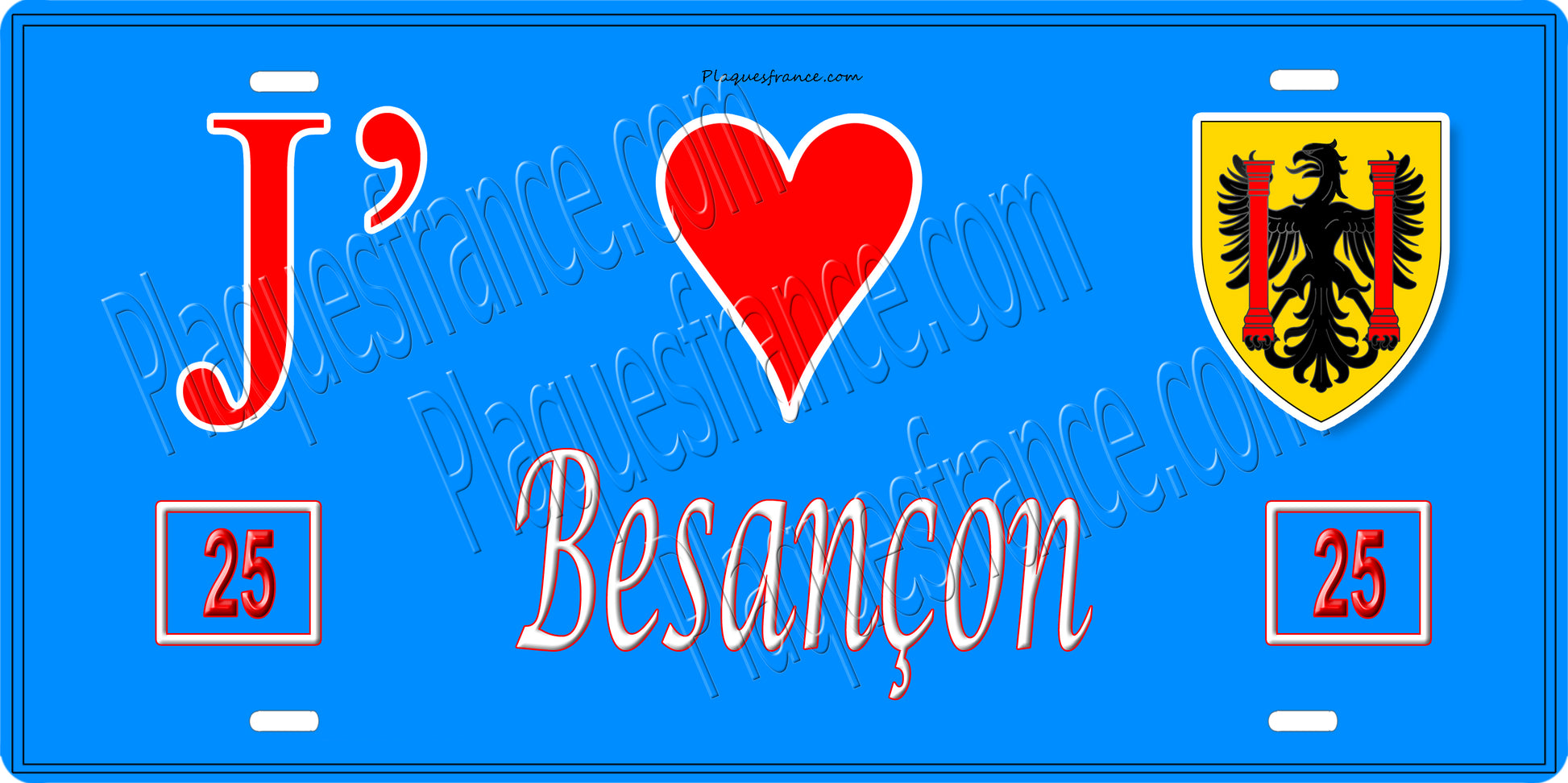 Plaque métal décorative J' ❤️ Besançon, Doubs, fond bleu 25