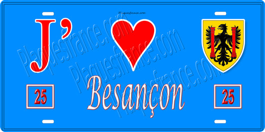 Plaque métal décorative J' ❤️ Besançon, Doubs, fond bleu 25