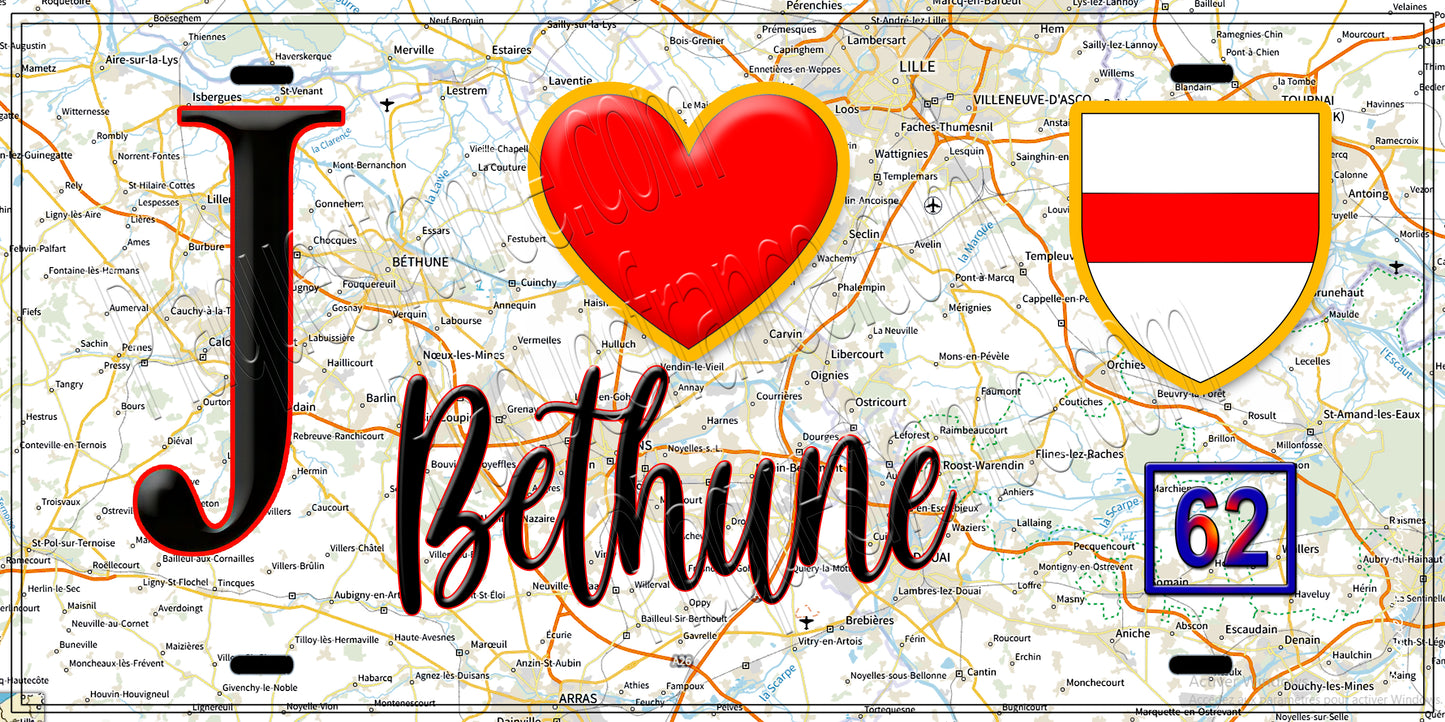 Plaque métal décorative  J' ❤️ Béthune, Pas de Calais (62)
