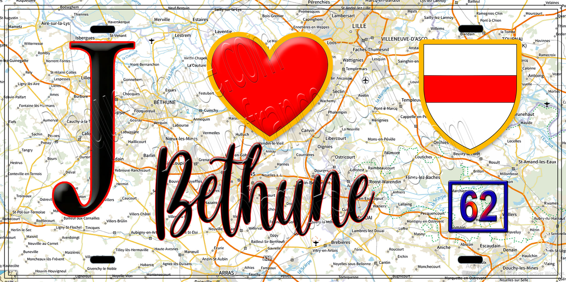 Plaque métal décorative  J' ❤️ Béthune, Pas de Calais (62)