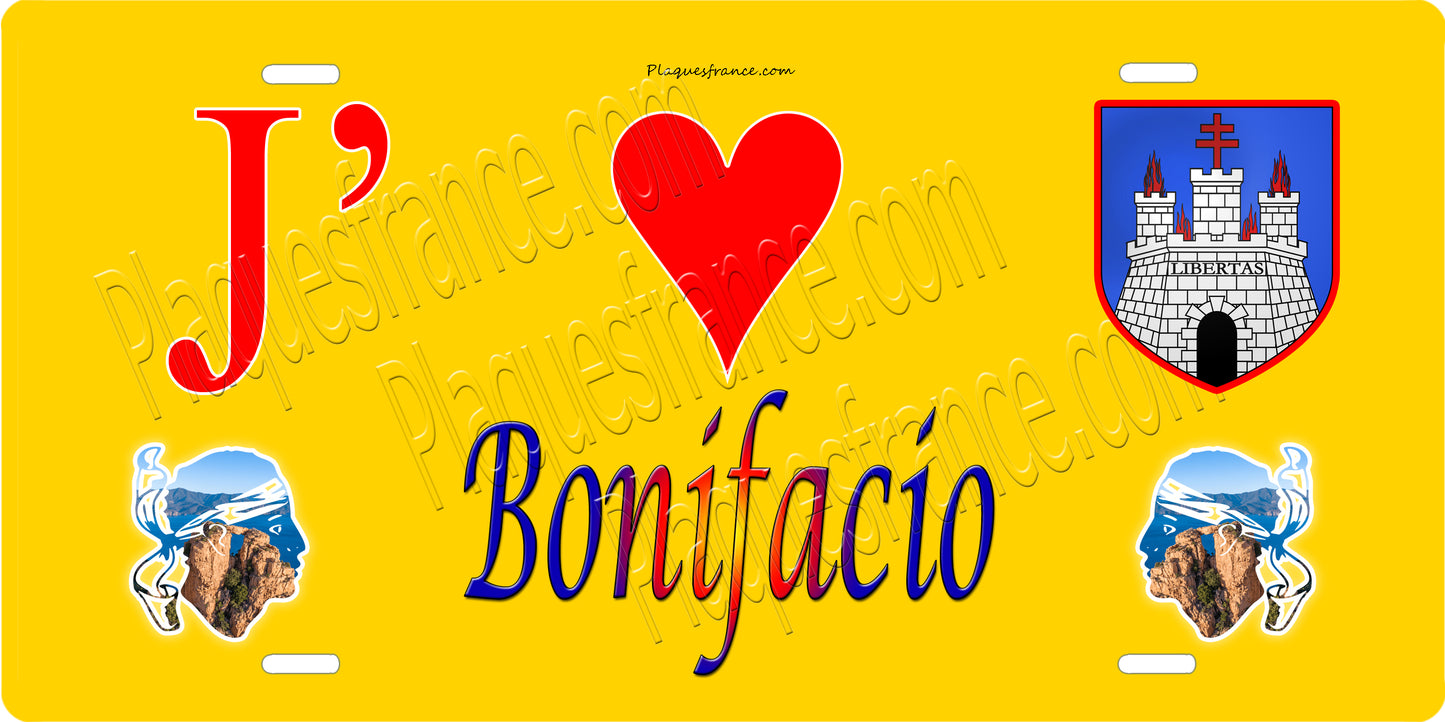 Plaque métal décorative 15 x 30 cm jaune J' ❤️ Bonifacio canton du Grand-Sud  Corse du Sud