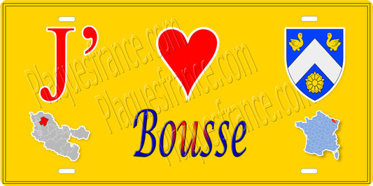 Plaque métal décorative 15 x 30 cm fond mur jaune carte J' ❤️ Bousse, canton Metzervisse Moselle 57