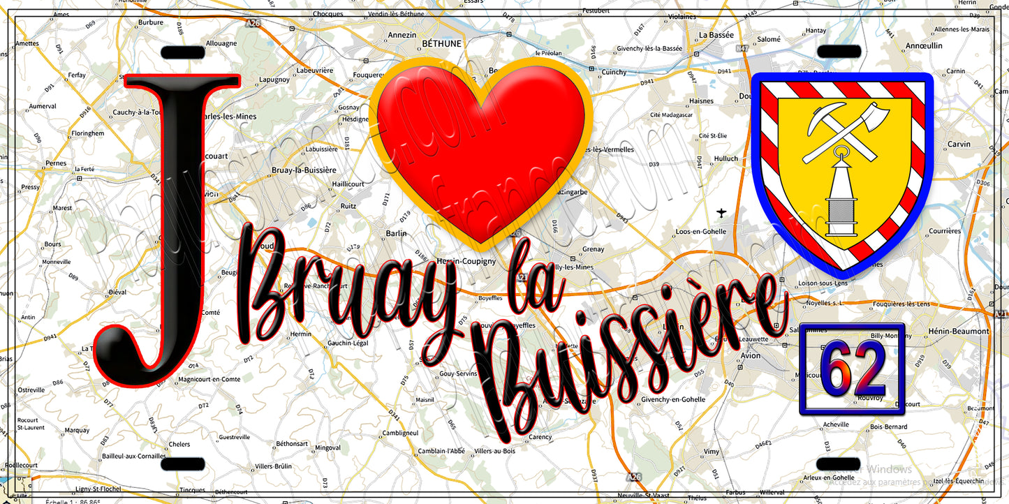 Plaque métal décorative  J' ❤️ Bruay la Buissière, Pas de Calais (62)