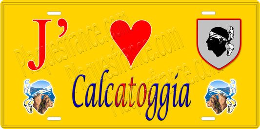 Plaque métal décorative 15 x 30 cm jaune J' ❤️ Calcatoggio Canton de Sevi-Sorru-Cinarca Corse du Sud