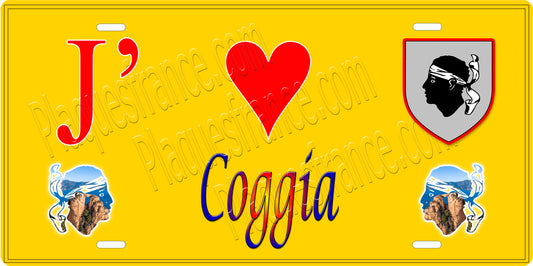 Plaque métal décorative 15 x 30 cm jaune J' ❤️ Coggia Canton de Sevi-Sorru-Cinarca Corse du Sud
