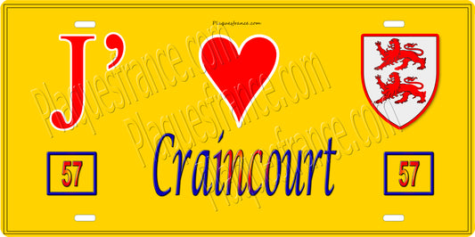 Plaque métal décorative 15 x 30 cm fond jaune 57 J' ❤️ Craincourt, canton du Saulnois Moselle 57