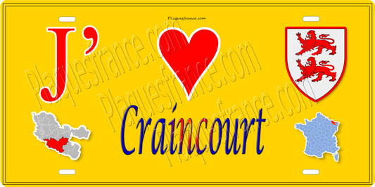 Plaque métal décorative 15 x 30 cm jaune carte J' ❤️ Craincourt, canton du Saulnois Moselle 57