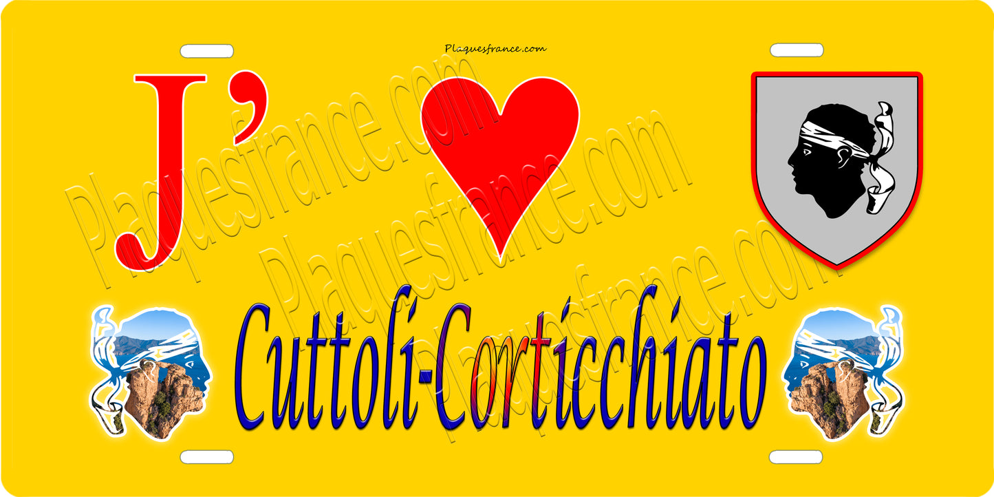 Plaque métal décorative 15 x 30 cm jaune J' ❤️ Cuttoli-Corticchiato canton du Gravona-Prunelli  Corse du Sud