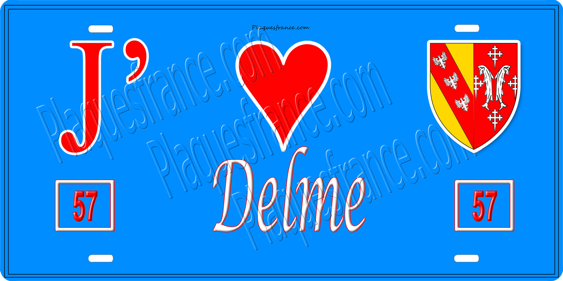 Plaque métal décorative  J' ❤️ Delme, fond bleu 57