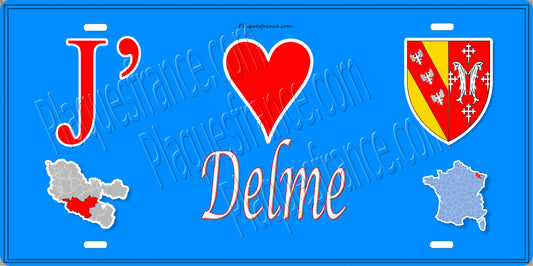 Plaque métal décorative 15 x 30 cm mur bleu carte J' ❤️ Delme, canton du Saulnois Moselle 57