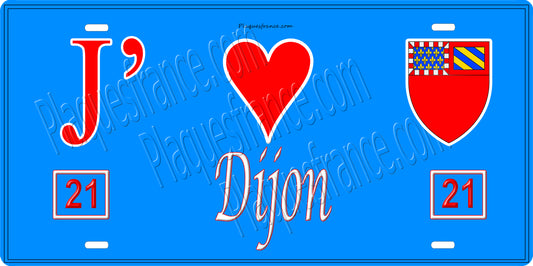 Plaque métal décorative  J' ❤️ Dijon, Côte d'Or fond bleu 21