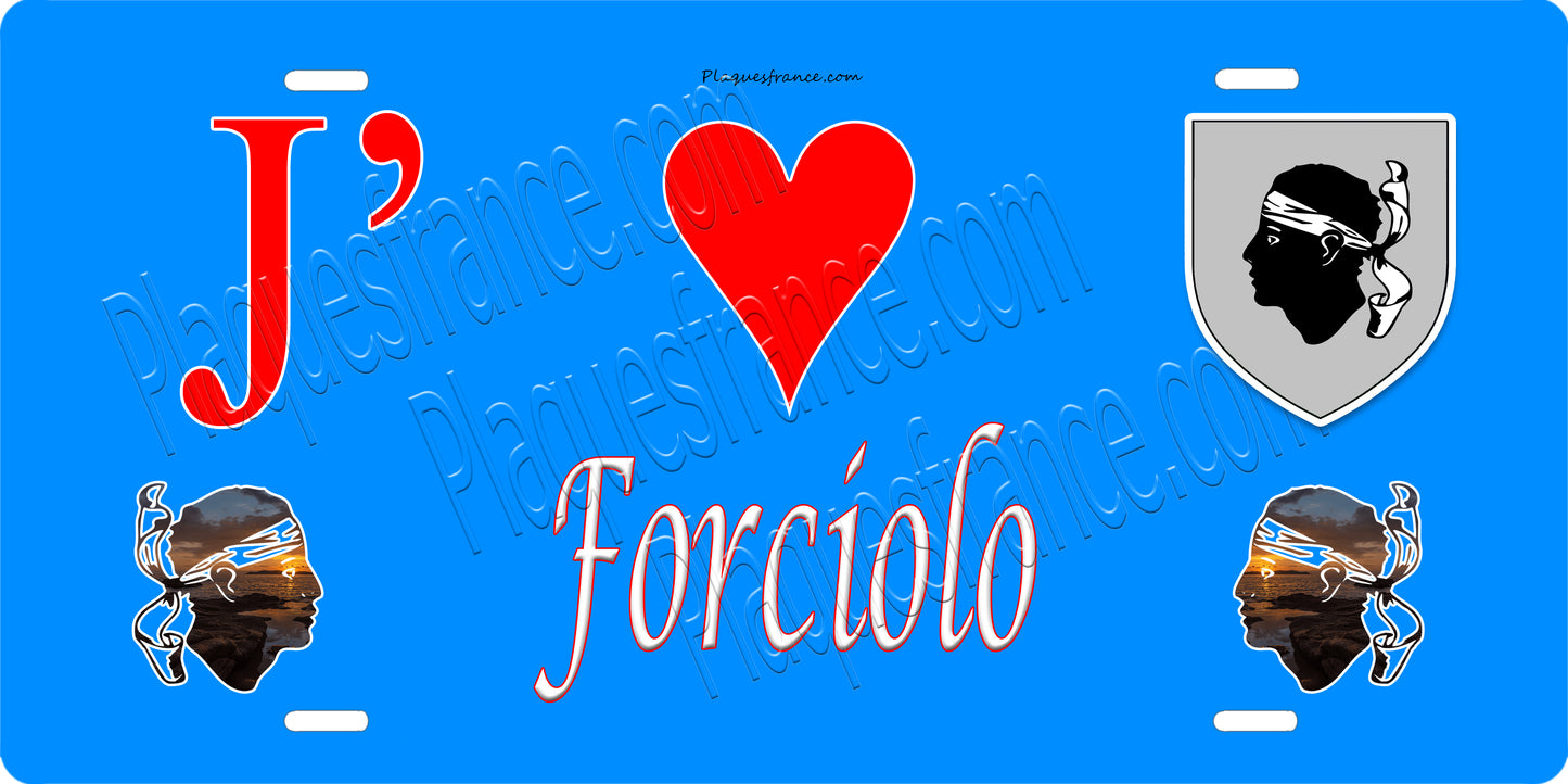 Plaque métal décorative 15 x 30 cm bleu J' ❤️ Forciolo  canton de Taravo-Ornano Corse du Sud