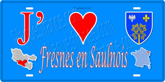 Plaque métal décorative 15 x 30 cm mur bleu carte J' ❤️ Fresne en Saulnois, canton du Saulnois Moselle 57