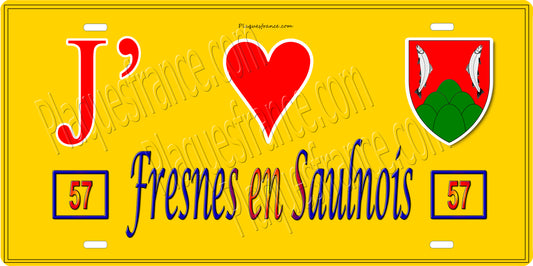 Plaque métal décorative 15 x 30 cm fond jaune 57 J' ❤️ Fresne en Saulnois, canton du Saulnois Moselle 57