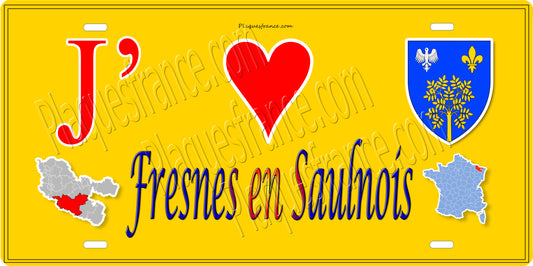 Plaque métal décorative 15 x 30 cm mur jaune carte J' ❤️ Fresne en Saulnois, canton du Saulnois Moselle 57