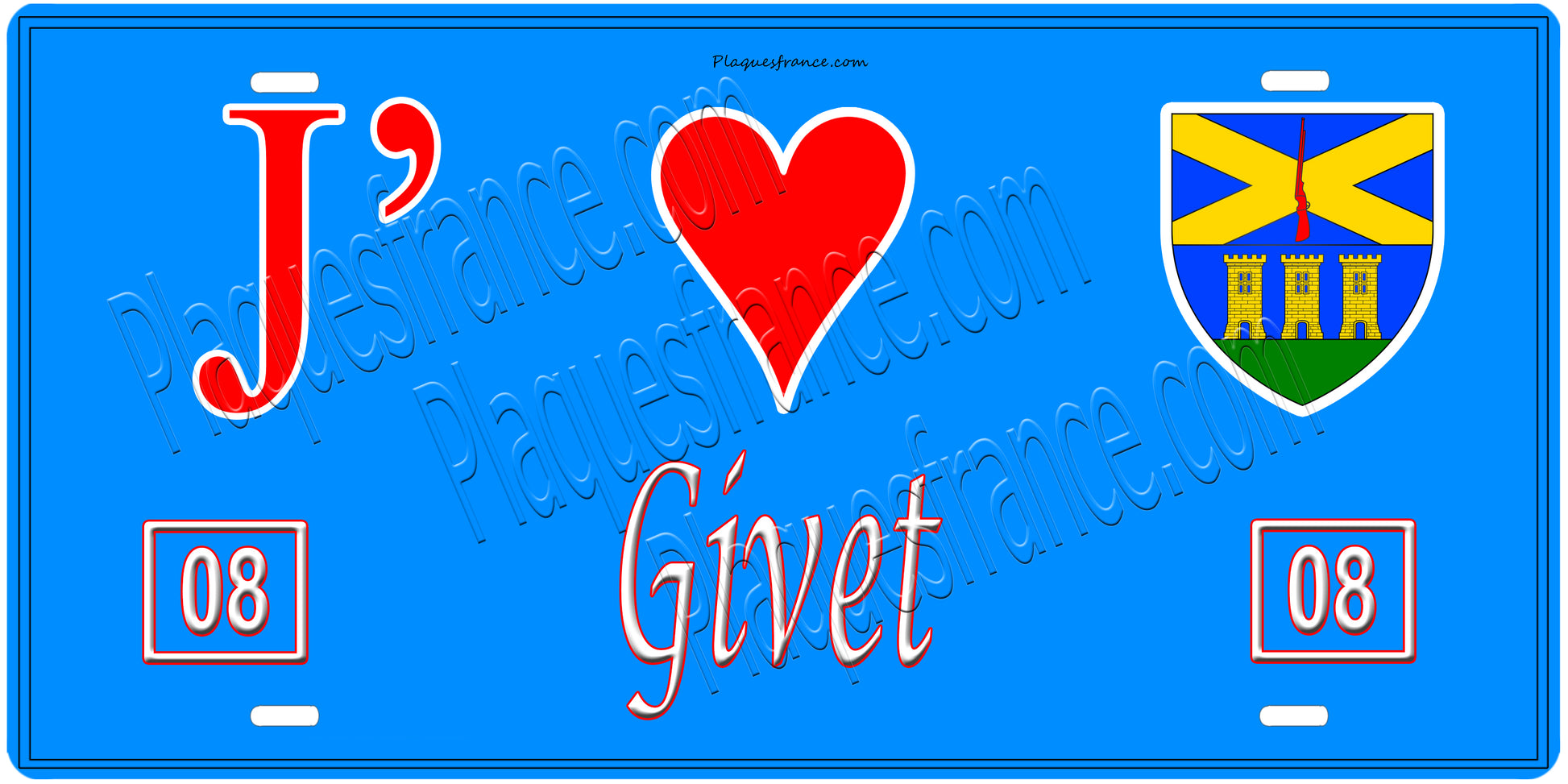 Plaque métal décorative, J' ❤️Givet, Ardennes, fond  mur bleu 08