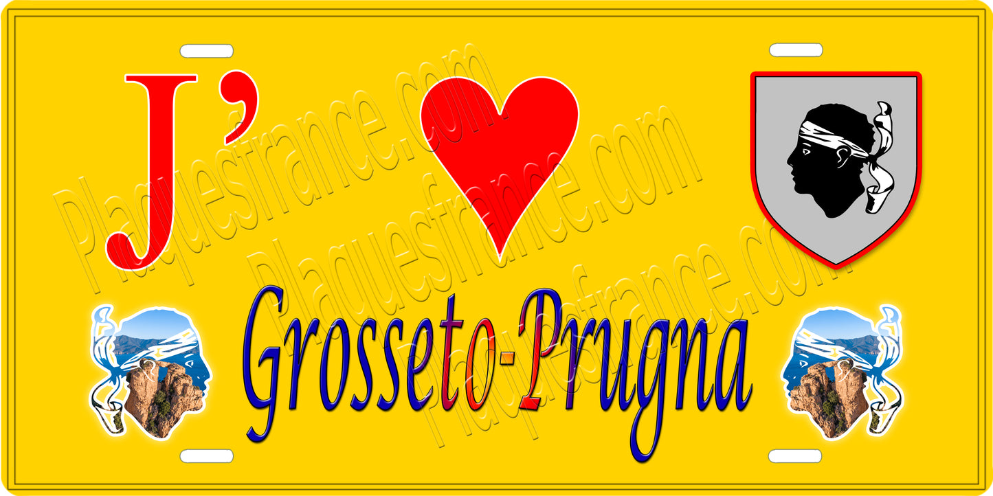 Plaque métal décorative 15 x 30 cm jaune J' ❤️ Grosseto-Prugna  canton de Taravo-Ornano Corse du Sud