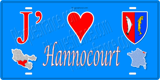 Plaque métal décorative 15 x 30 cm mur bleu carte J' ❤️ Hannocourt, canton du Saulnois Moselle 57