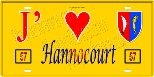Plaque métal décorative 15 x 30 cm fond jaune 57 J' ❤️ Hannocourt, canton du Saulnois Moselle 57