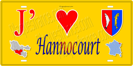 Plaque métal décorative 15 x 30 cm mur jaune carte J' ❤️ Hannocourt, canton du Saulnois Moselle 57