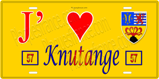Plaque métal décorative 15 x 30 cm jaune 57  J' ❤️ Knutange Canton de Algrange Moselle 57