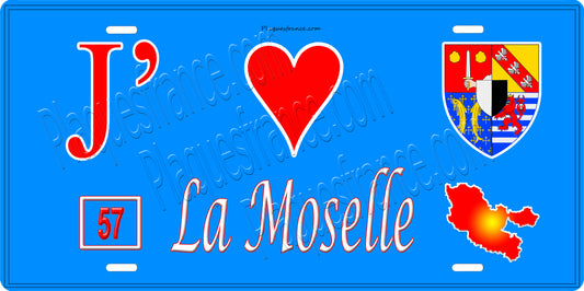 Plaque métal décorative 15x30cm fond bleu J' ❤️la Moselle 57+carte Moselle