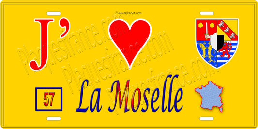 Plaque métal décorative 15x30cm fond jaune J' ❤️la Moselle 57+carte