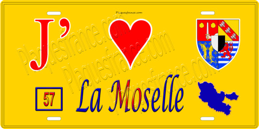 Plaque métal décorative 15x30cm fond bleu J' ❤️la Moselle 57+carte Moselle