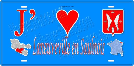 Plaque métal décorative 15 x 30 cm fond bleu carte J' ❤️Laneuveville en Saulnois, canton du Saulnois Moselle 57