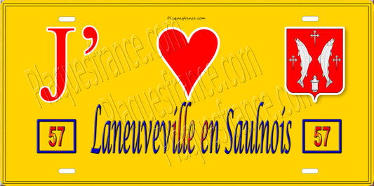Plaque métal décorative 15 x 30 cm fond jaune 57 J' ❤️Laneuveville en Saulnois, canton du Saulnois Moselle 57