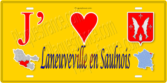 Plaque métal décorative 15 x 30 cm fond jaune carte J' ❤️Laneuveville en Saulnois, canton du Saulnois Moselle 57