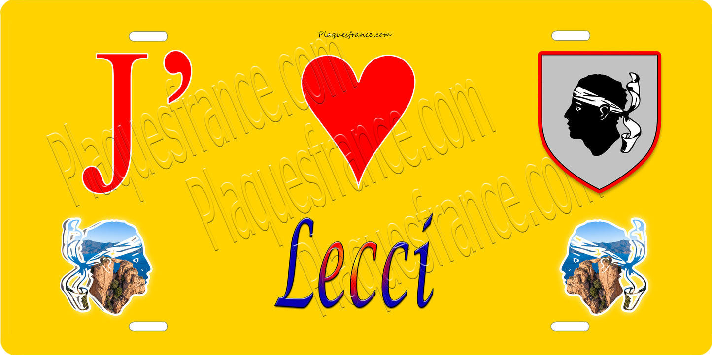 Plaque métal décorative 15 x 30 cm jaune J' ❤️ Lecci canton du Bavela  Corse du Sud
