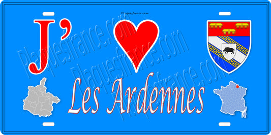 Plaque métal décorative, J' ❤️les Ardennes (08) fond  mur bleu cartes