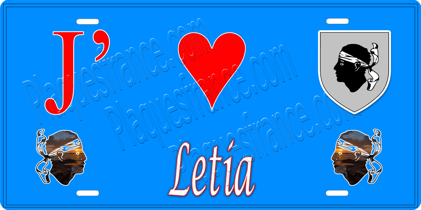 Plaque métal décorative 15 x 30 cm bleu J' ❤️ Letia Canton de Sevi-Sorru-Cinarca Corse du Sud