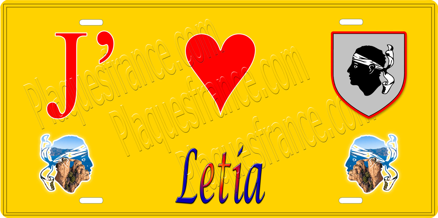 Plaque métal décorative 15 x 30 cm jaune J' ❤️ Letia Canton de Sevi-Sorru-Cinarca Corse du Sud