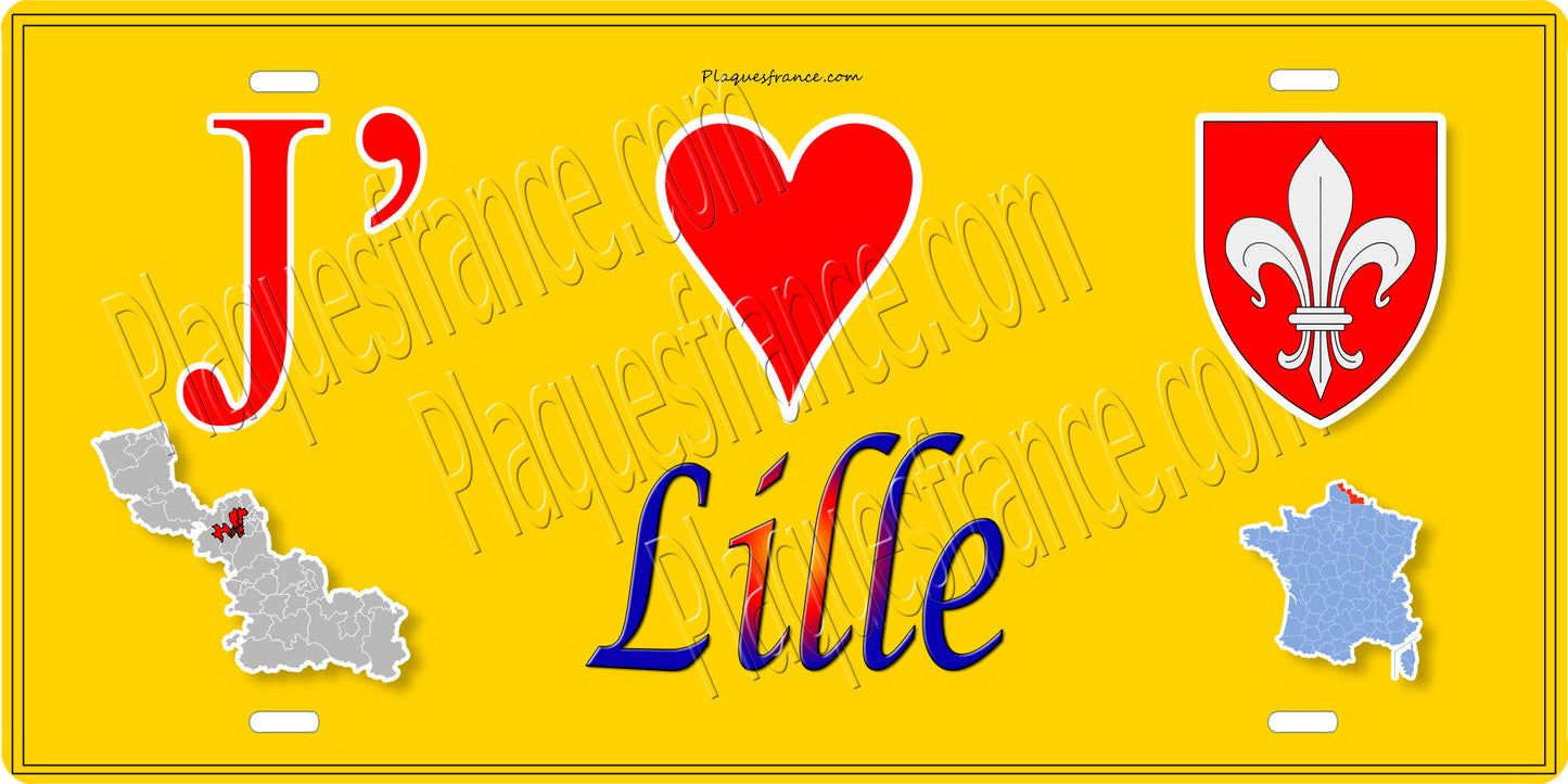 Plaque métal décorative 15 x 30 cm fond jaune carte J' ❤️ Lille, Nord 59