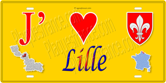 Plaque métal décorative 15 x 30 cm fond jaune carte J' ❤️ Lille, Nord 59