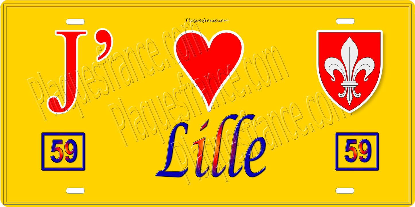 Plaque métal décorative 15 x 30 cm fond jaune 59 J' ❤️ Lille, Nord 59