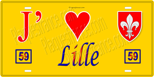 Plaque métal décorative 15 x 30 cm fond jaune 59 J' ❤️ Lille, Nord 59