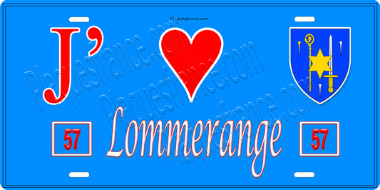 Plaque métal décorative 15 x 30 cm fond bleu 57 J' ❤️ Lommerange, canton de Algrange Moselle 57