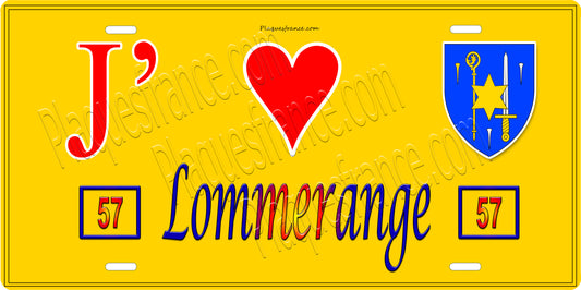 Plaque métal décorative 15 x 30 cm fond jaune 57 J' ❤️ Lommerange, canton de Algrange Moselle 57