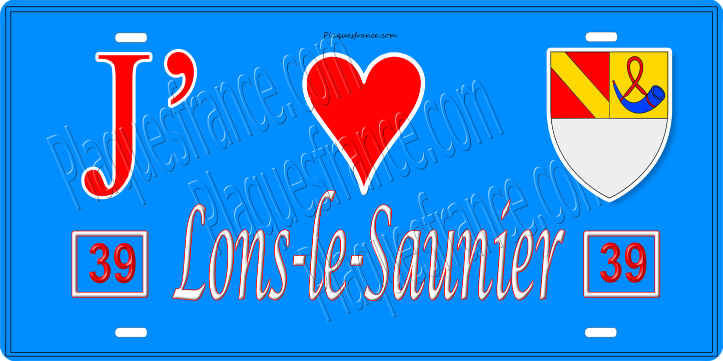 Plaque métal décorative  J' ❤️ Lons le Saunier, Jura, fond bleu 39