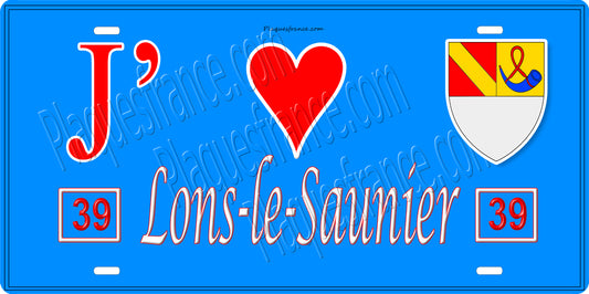 Plaque métal décorative  J' ❤️ Lons le Saunier, Jura, fond bleu 39