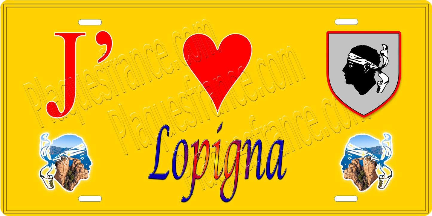Plaque métal décorative 15 x 30 cm jaune J' ❤️ Lopigna Canton de Sevi-Sorru-Cinarca Corse du Sud
